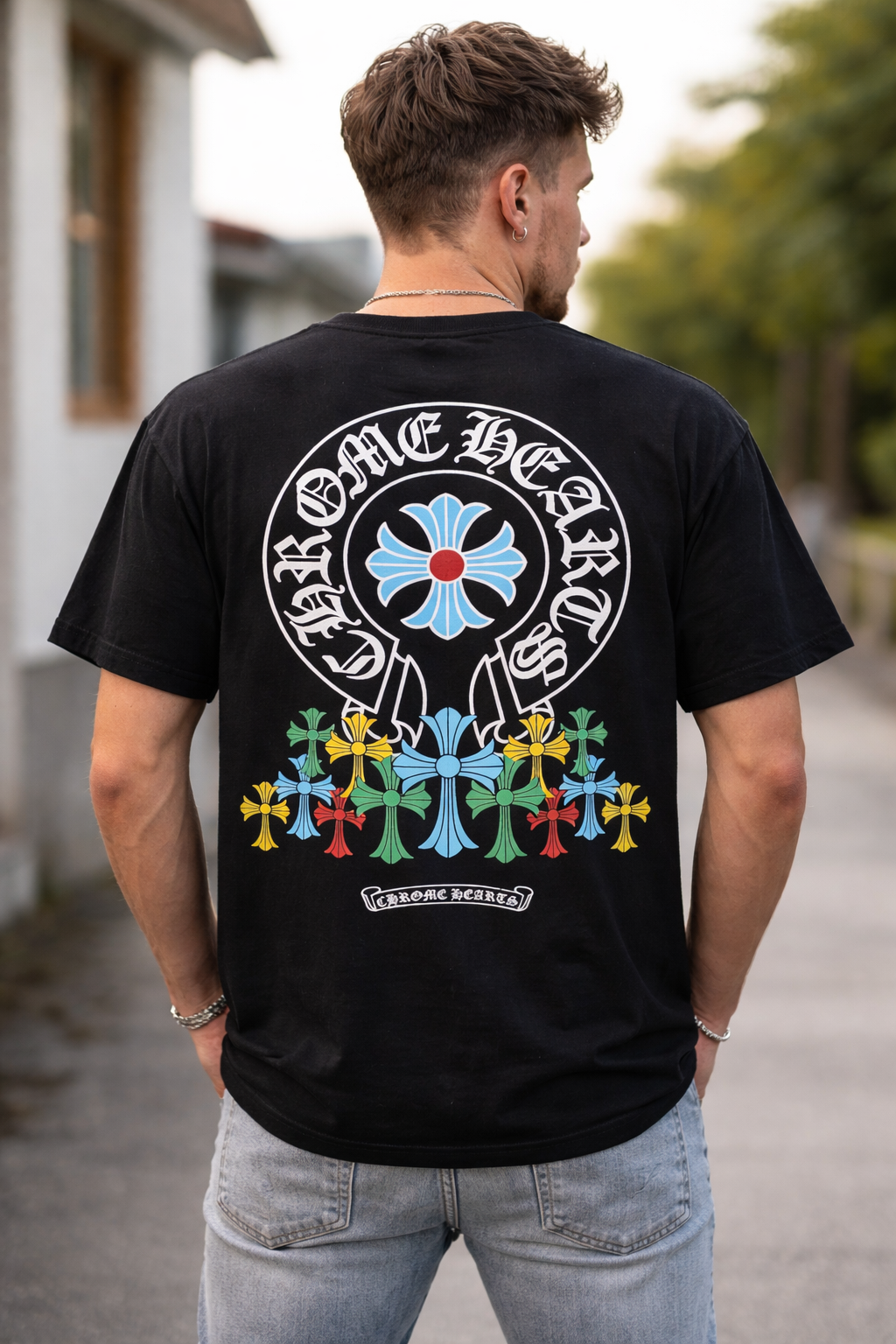 Men’s Oversized Black T-Shirt with Gothic Cross Back Print – Premium Cotton Streetwear | Baggy Fit Graphic Printed T Shirt for Men