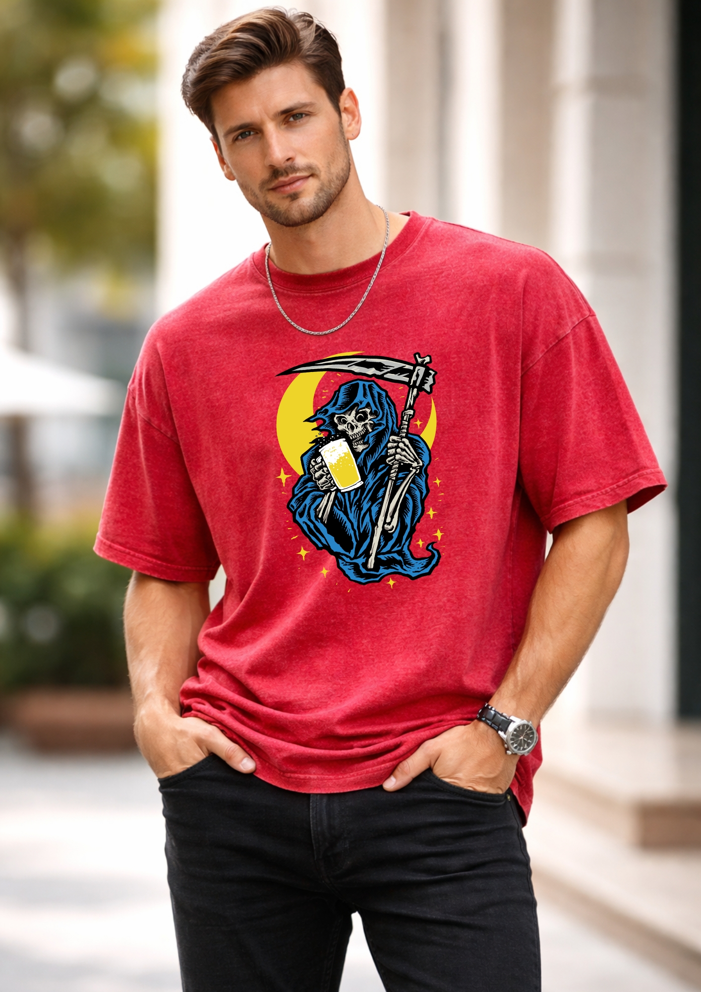 Men’s Oversized Khankal Printed 240 GSM Acid Wash T-Shirt – Premium Cotton Streetwear | Baggy Fit Graphic Printed Tee for Men