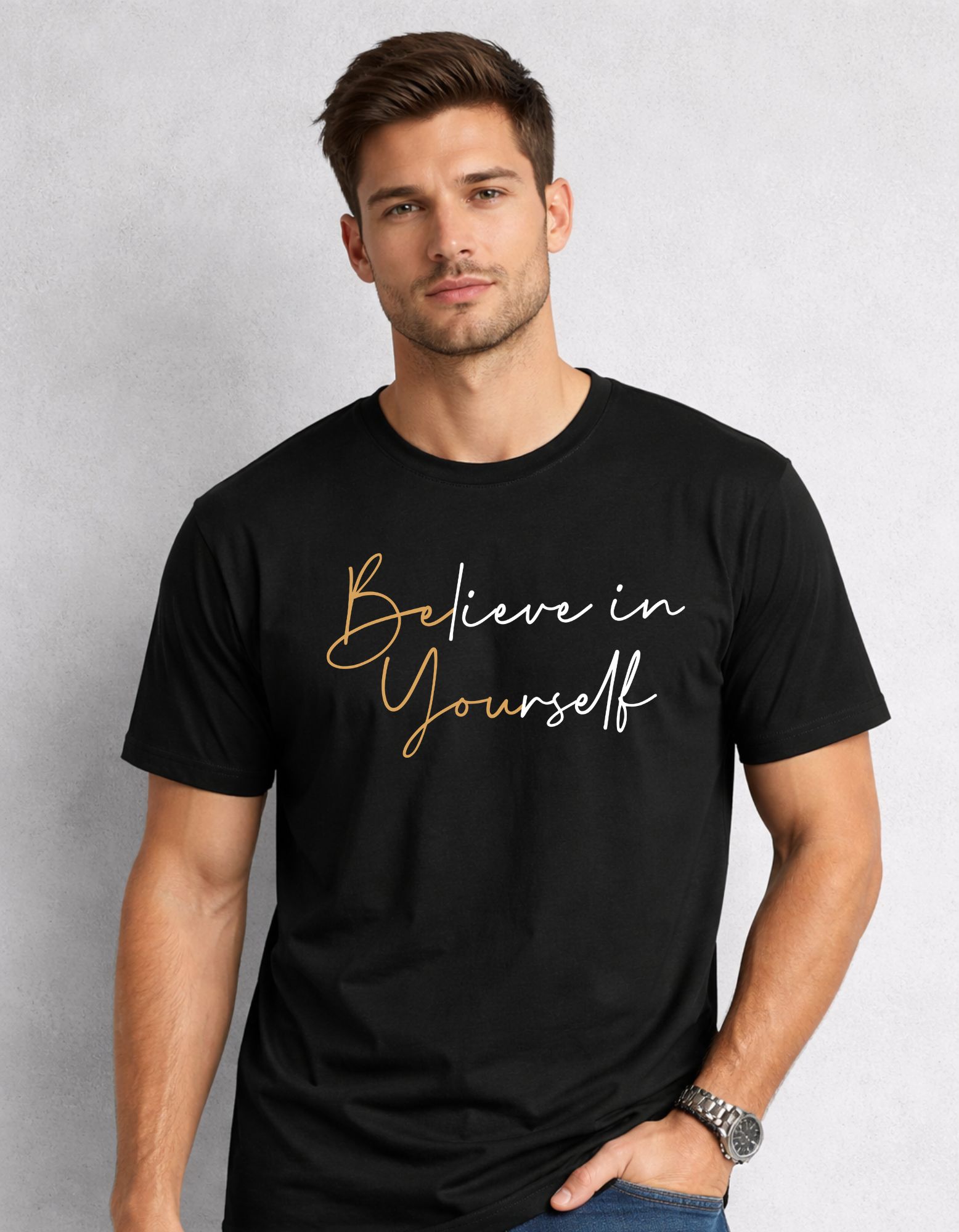 Relax Fit BELIEVE IN YOUR SELF Typography Printed T-Shirt 180 GSM Sinker Cotton Biowash | Premium Graphic Tee for Men | Hoffbuddy