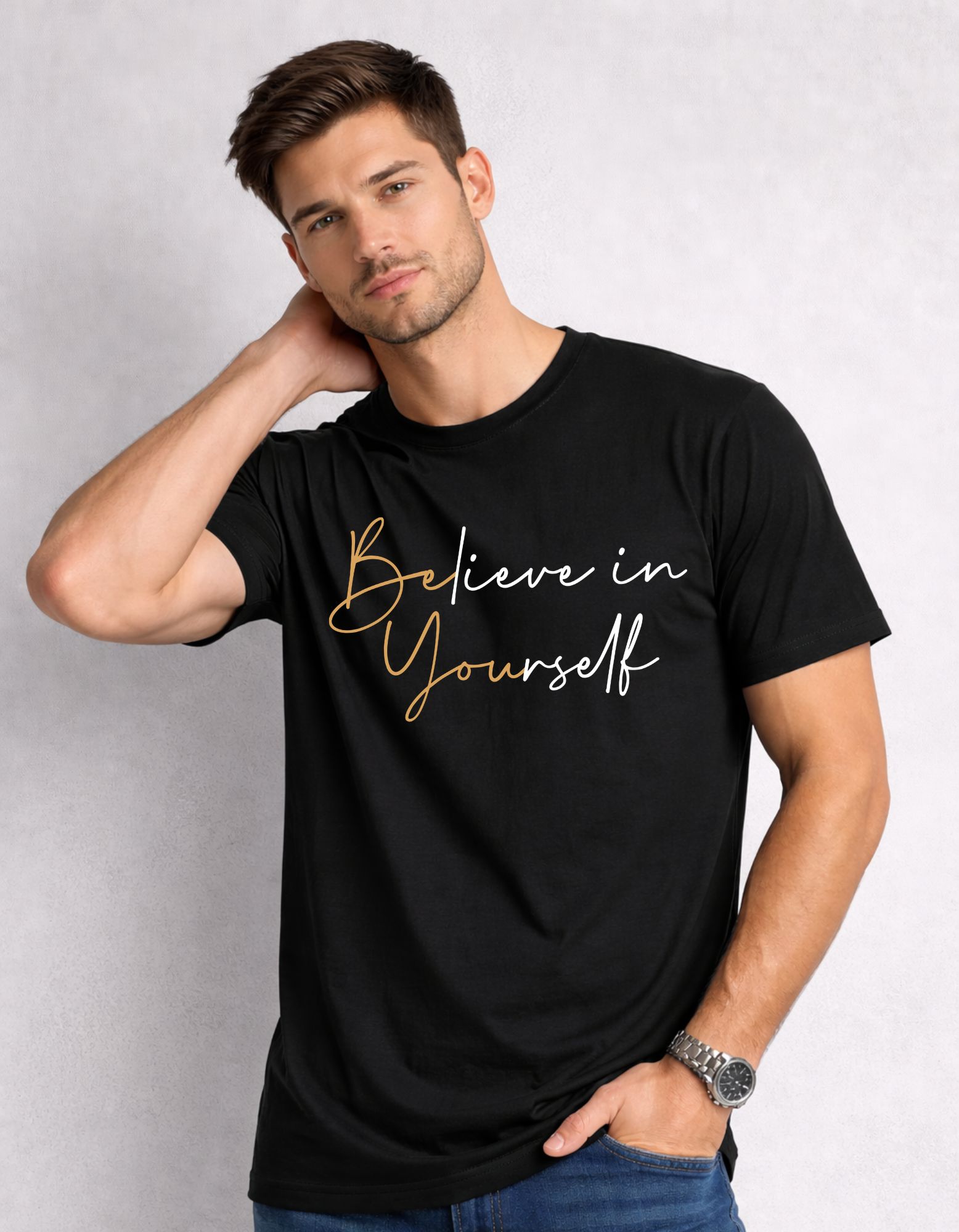 Relax Fit BELIEVE IN YOUR SELF Typography Printed T-Shirt 180 GSM Sinker Cotton Biowash | Premium Graphic Tee for Men | Hoffbuddy