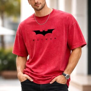 Batman Printed Red Acid Wash Oversized T-Shirt for Men | 240 GSM Heavyweight Cotton | Bio-Wash Premium Streetwear | Drop Shoulder Baggy Fit