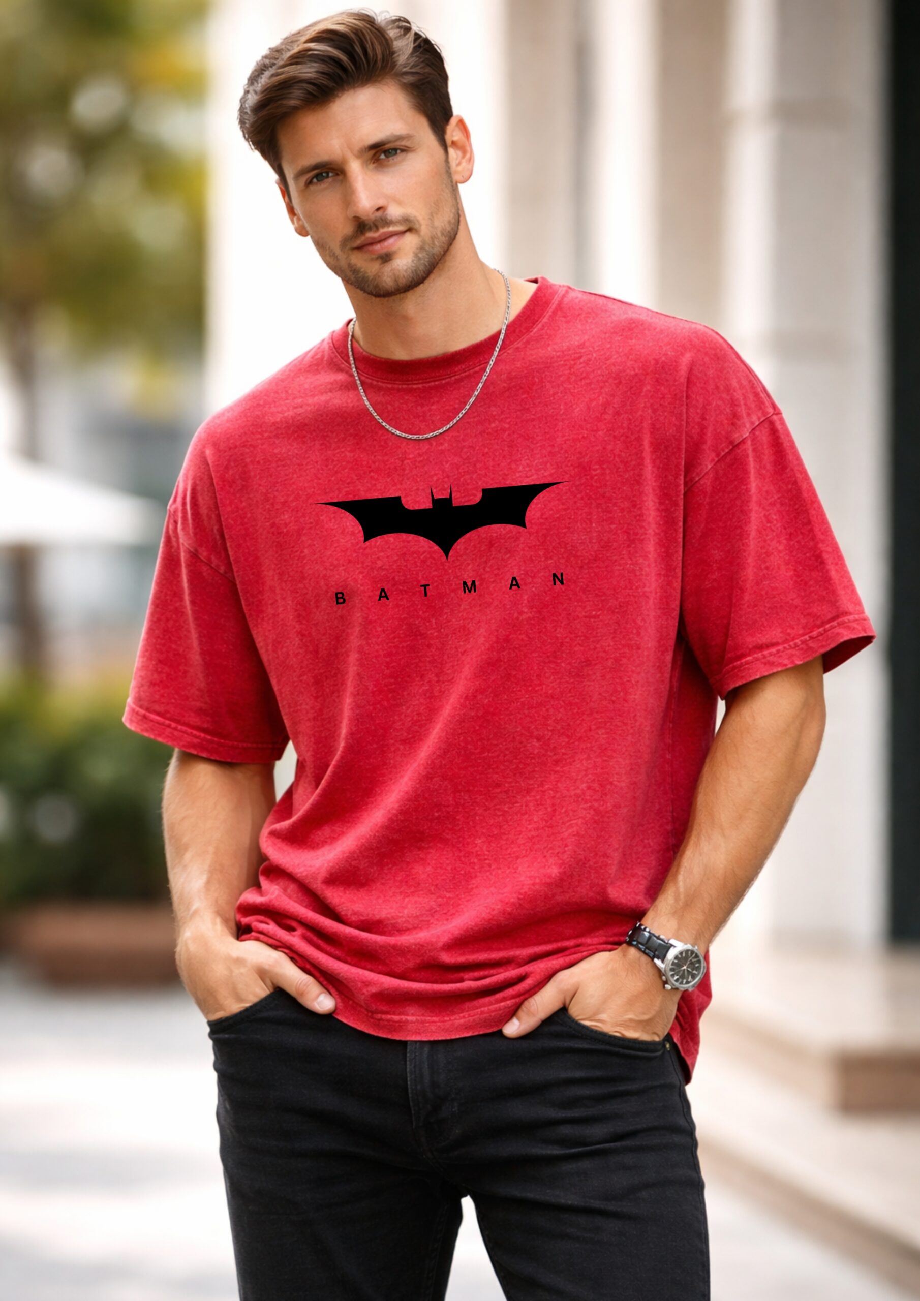 Batman Printed Red Acid Wash Oversized T-Shirt for Men | 240 GSM Heavyweight Cotton | Bio-Wash Premium Streetwear | Drop Shoulder Baggy Fit