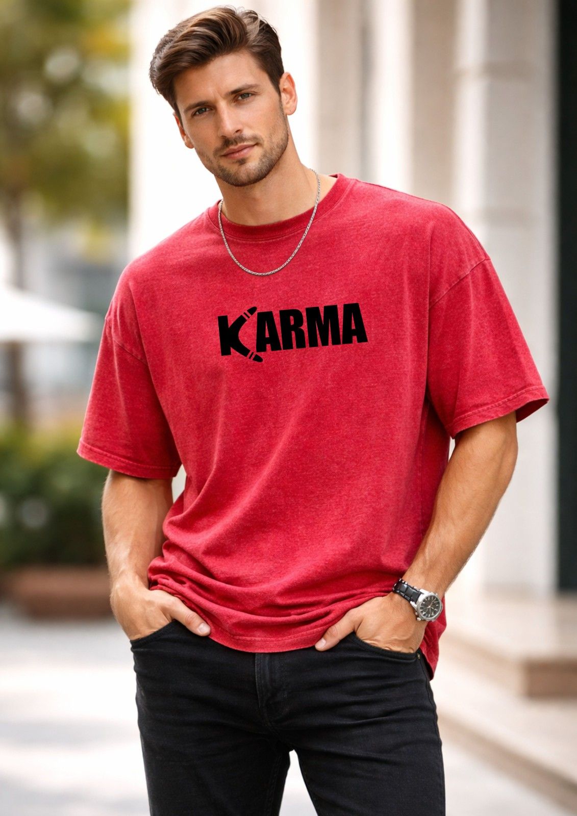 Men’s Oversized KARMA Printed 240 GSM Acid Wash T-Shirt – Premium Cotton Streetwear | Baggy Fit Graphic Tee for Men