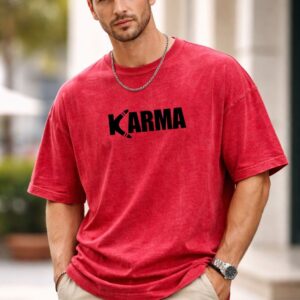 Men’s Oversized KARMA Printed 240 GSM Acid Wash T-Shirt – Premium Cotton Streetwear | Baggy Fit Graphic Tee for Men