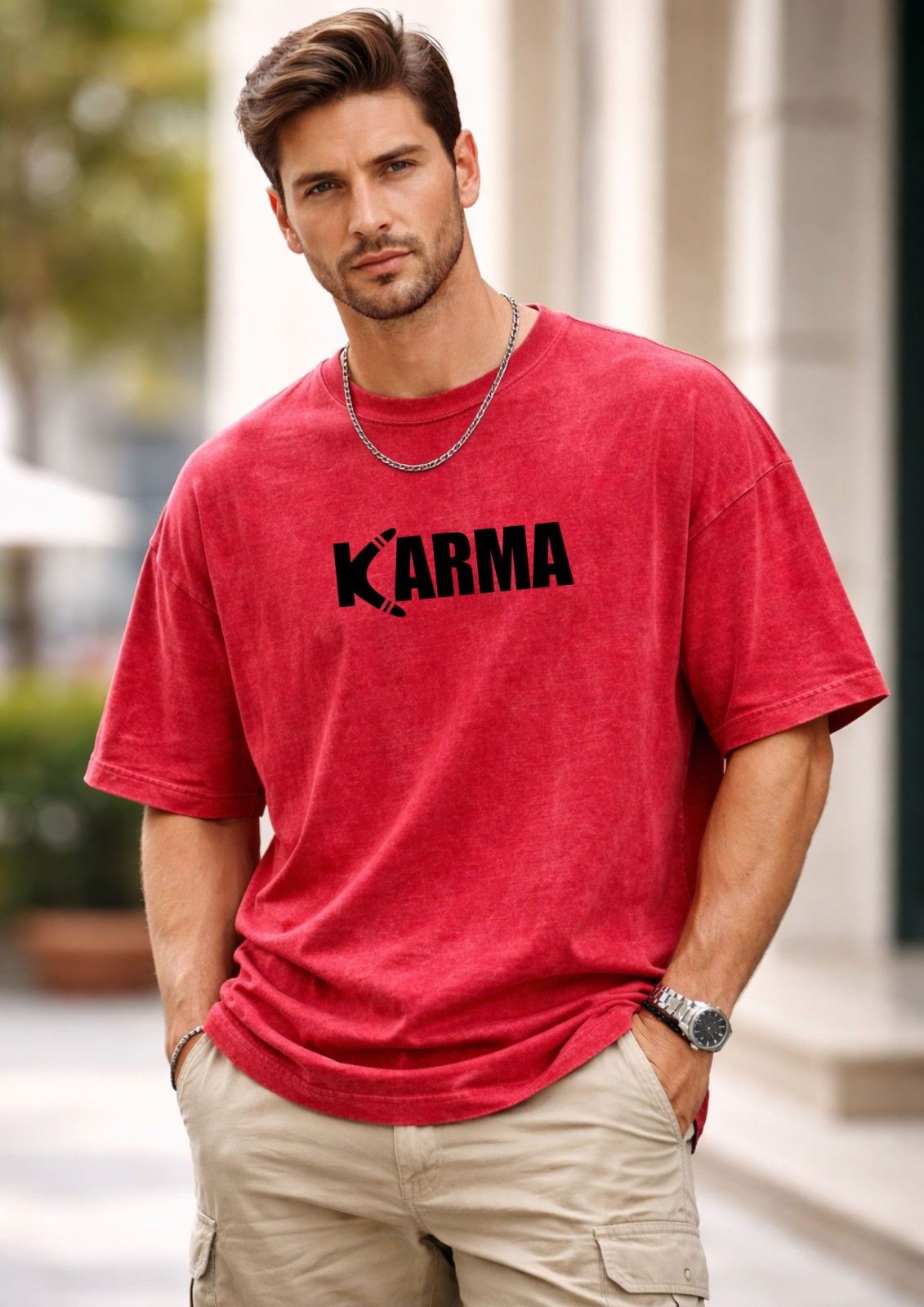 Men’s Oversized KARMA Printed 240 GSM Acid Wash T-Shirt – Premium Cotton Streetwear | Baggy Fit Graphic Tee for Men